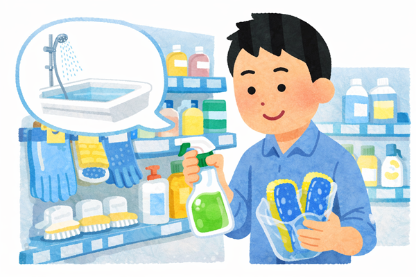 風呂掃除グッズを買う男性