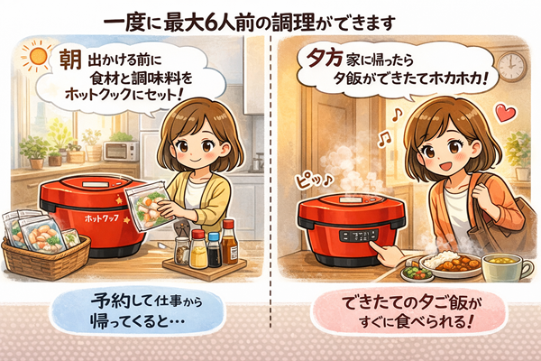 ホットクックを朝に仕込んで夜食べる人のイラスト