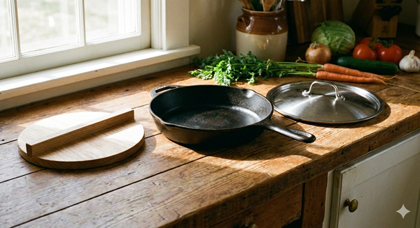フライパンとその蓋が並んでいる写真