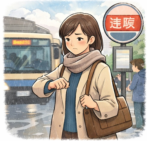 時間に遅れているバスを待つ女性