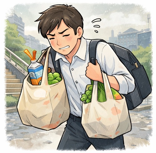 重たい買い物袋を持って歩くサラリーマン